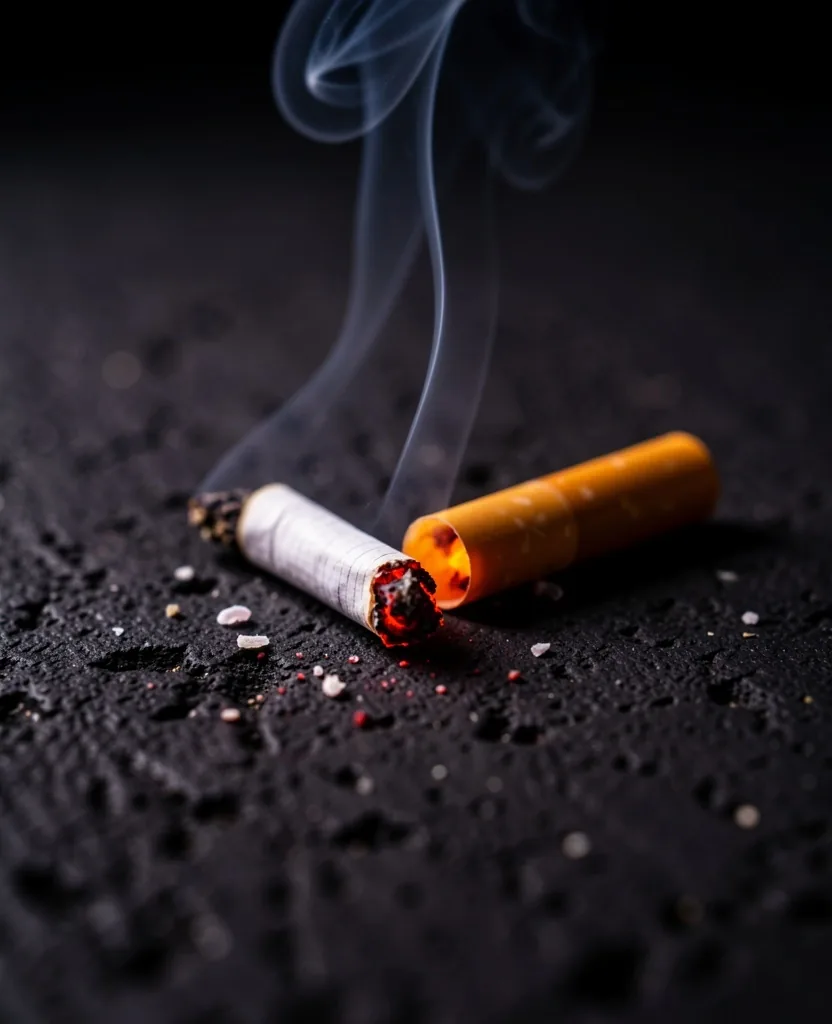 Rozlomená cigareta na betonovém podkladu s stoupajícím dýmem